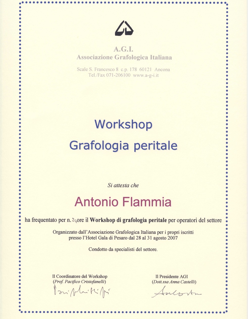 Attestato Workshop Grafologia Peritale Pesaro 2007