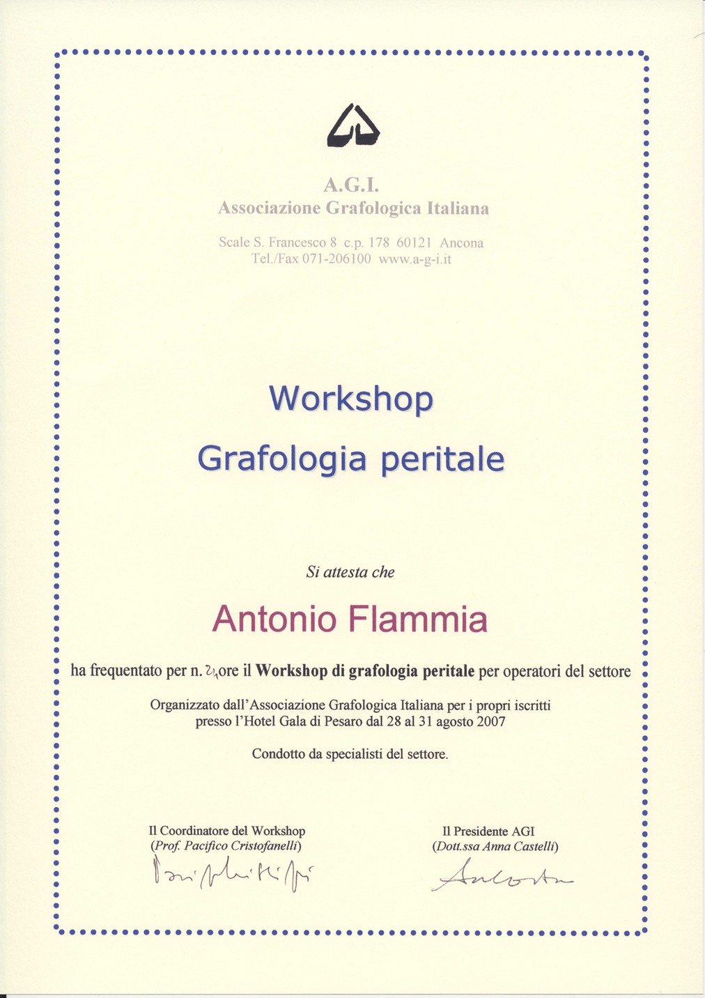 Attestato Workshop Grafologia Peritale Pesaro 2007
