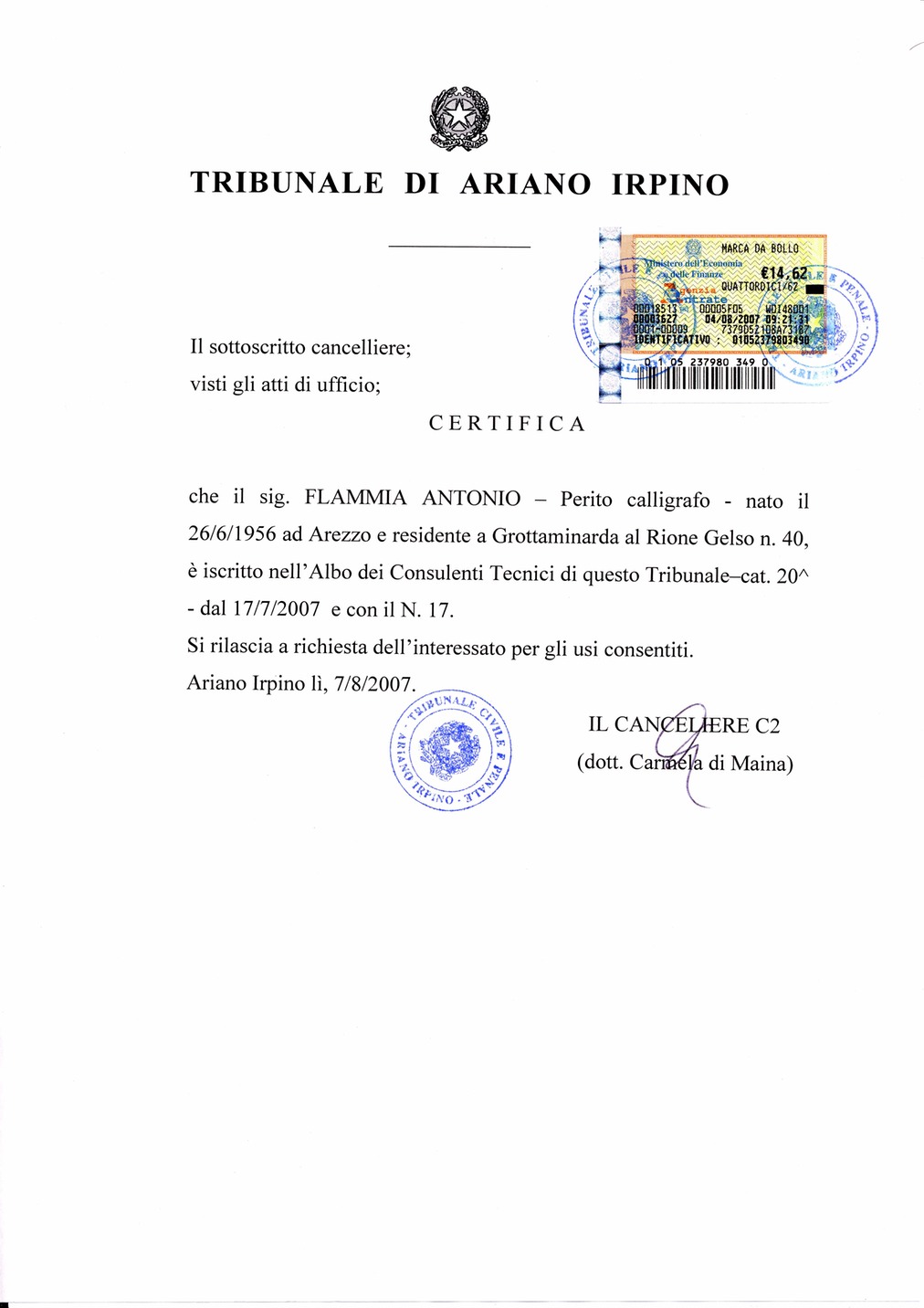 certificato iscrizione tribunale in bollo