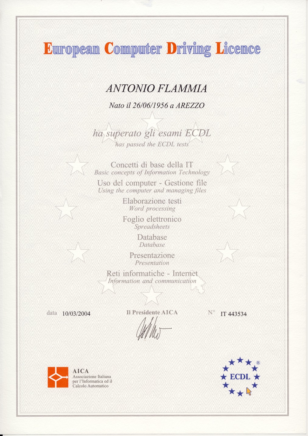 Diploma ECDL Antonio Flammia