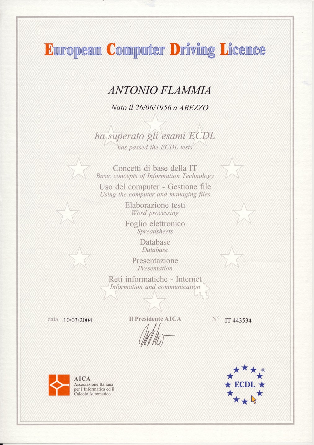 Diploma ECDL Antonio Flammia